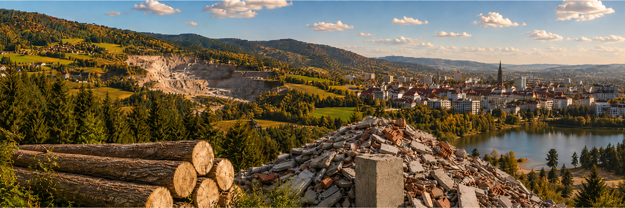 OpenAI Panoramic view of a city by a lake, featuring a quarry and forested mountains.