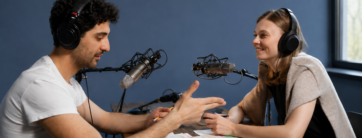 magnific.com A man and a woman with headphones recording a podcast with microphones in a studio.