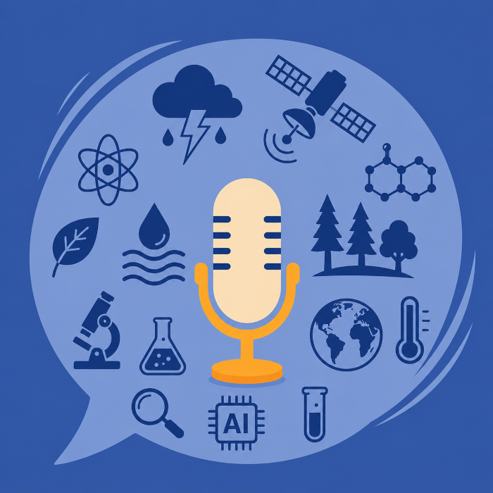 Microphone surrounded by science and technology icons inside a speech bubble on a blue background.